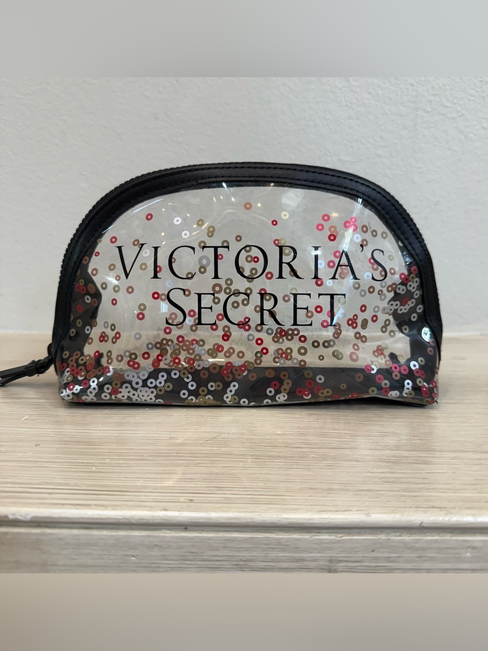 Victoria's Secret Clear Cosmetic Pouch with Red, Gold, White & Black Sequins
